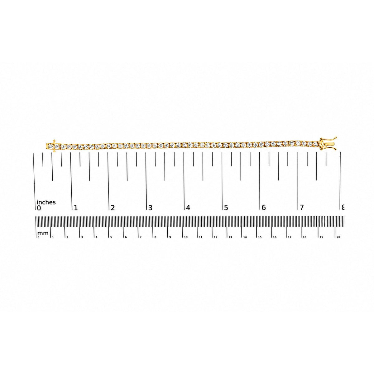 Yellow bracelet with round white gemstones in 4-prong settings, shown flat on a scale, top-down view.