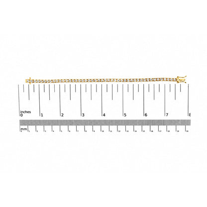 Yellow bracelet with round white gemstones in 4-prong settings, shown flat on a scale, top-down view.
