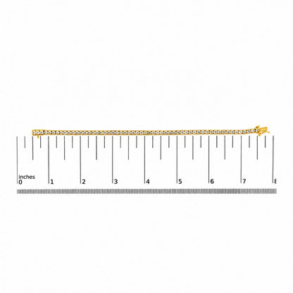 Yellow metal bracelet with round white gemstones in 4-prong settings, shown flat on a scale from a top-down angle.