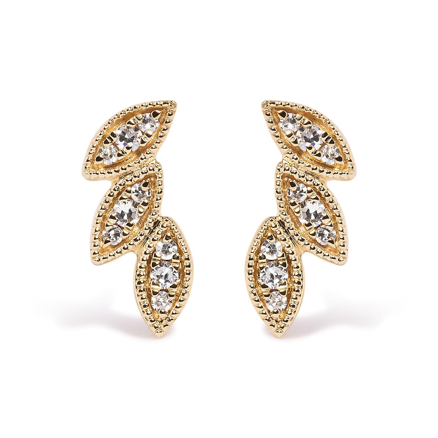 Front view of yellow metal earrings featuring three marquise-shaped segments with pave-set white round gemstones.