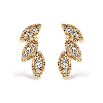 Front view of yellow metal earrings featuring three marquise-shaped segments with pave-set white round gemstones.