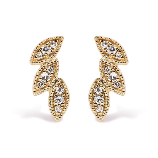 Front view of yellow metal earrings featuring three marquise-shaped segments with pave-set white round gemstones.