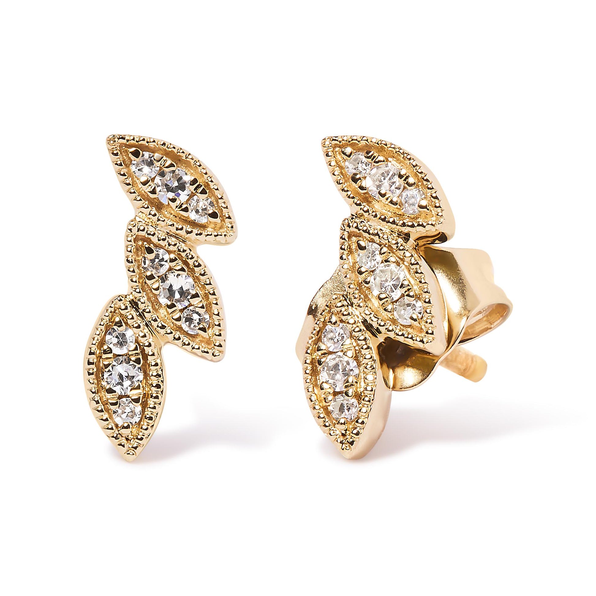 Close-up front and side view of a pair of yellow metal earrings with three marquise-shaped sections, each set with small round white gemstones in a pave setting.