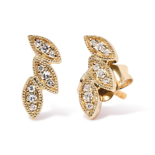 Close-up front and side view of a pair of yellow metal earrings with three marquise-shaped sections, each set with small round white gemstones in a pave setting.