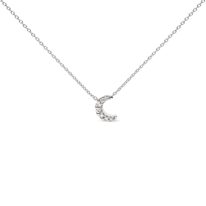 White metal necklace with a crescent-shaped pendant featuring round white gemstones in pave setting, shown in a front-facing angle.