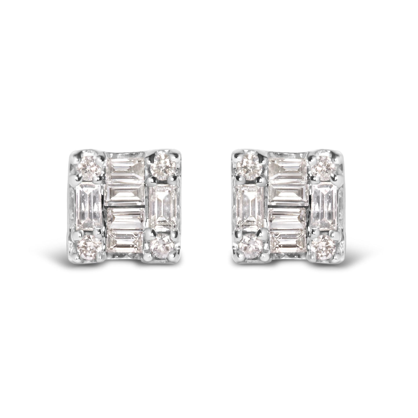 Front angle of a pair of white metal square-shaped earrings featuring white round gemstones in prong settings at the corners and white baguette-shaped gemstones in channel settings arranged in the center.