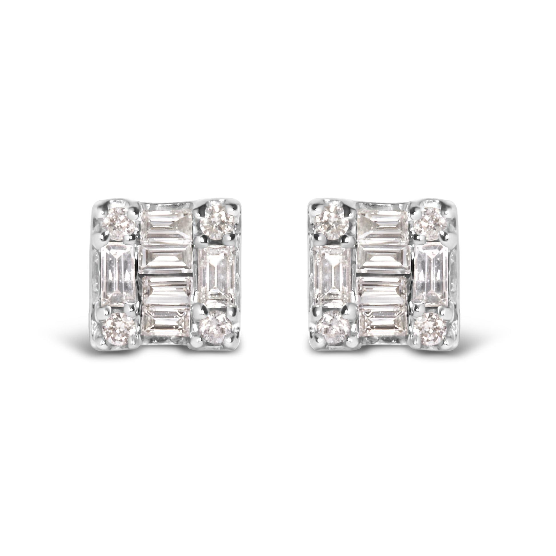 Front angle of a pair of white metal square-shaped earrings featuring white round gemstones in prong settings at the corners and white baguette-shaped gemstones in channel settings arranged in the center.