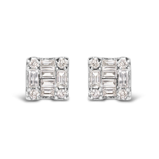 Front angle of a pair of white metal square-shaped earrings featuring white round gemstones in prong settings at the corners and white baguette-shaped gemstones in channel settings arranged in the center.