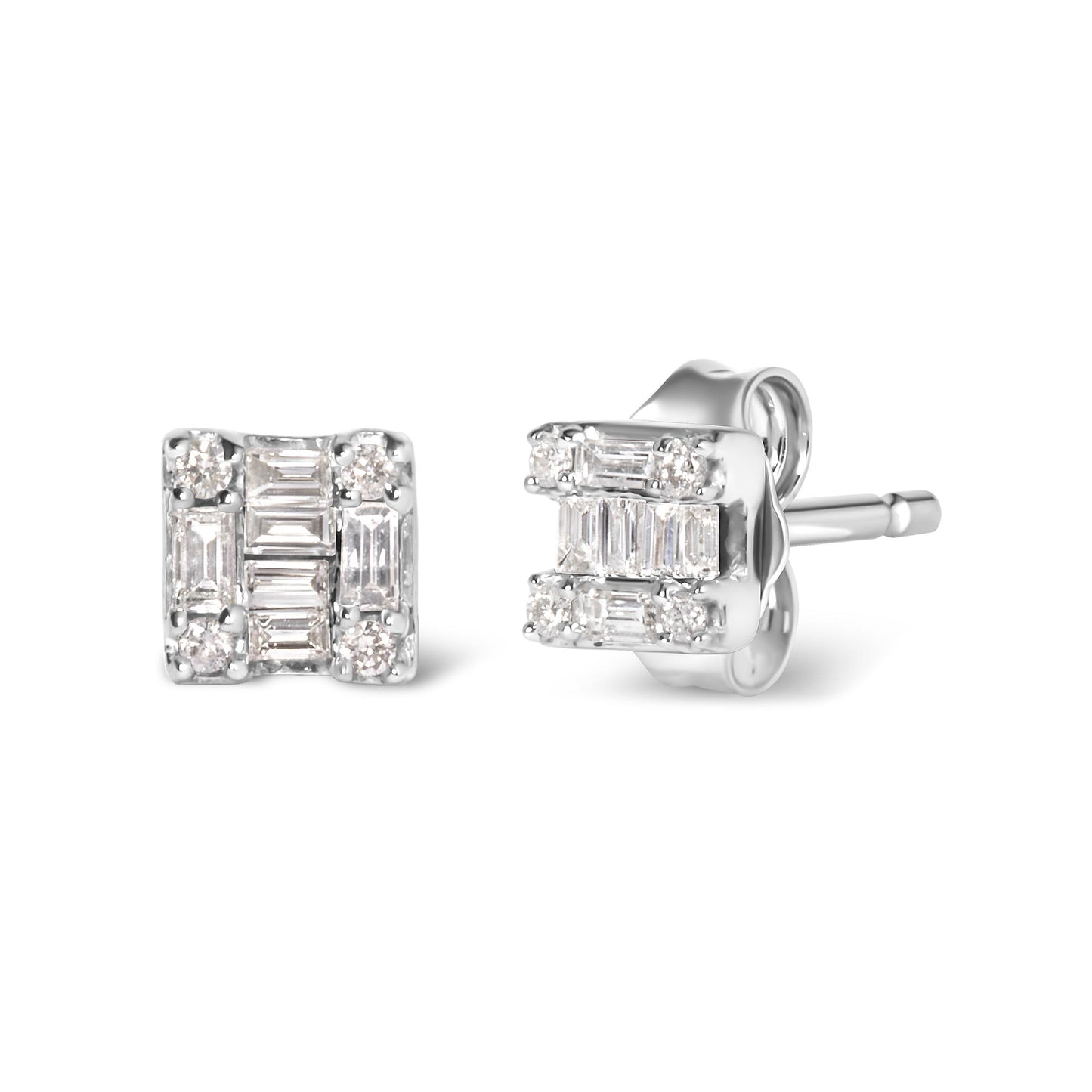 Front and angled side view of white metal square stud earrings featuring baguette and round white gemstones in channel and prong settings.