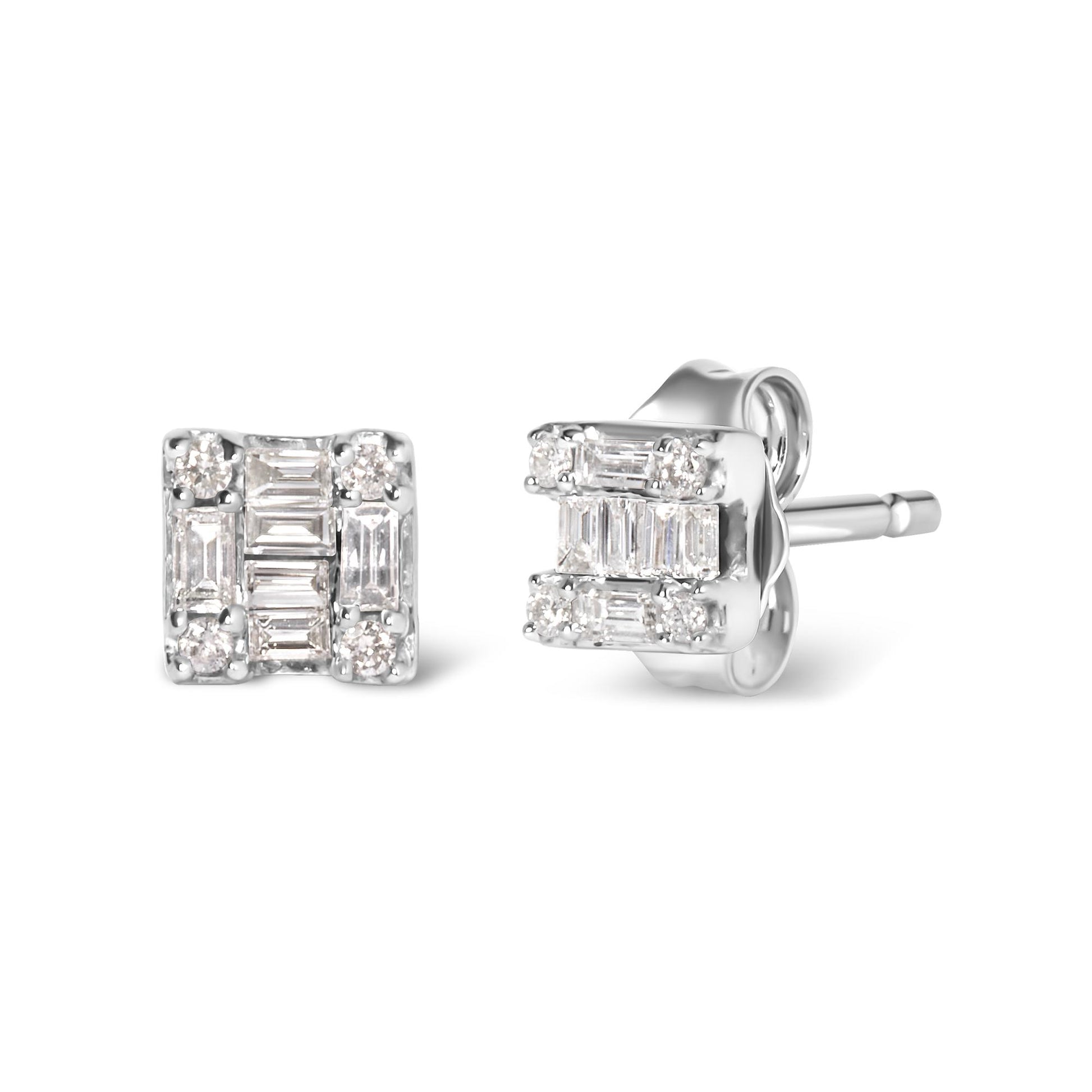 Front and angled side view of white metal square stud earrings featuring baguette and round white gemstones in channel and prong settings.