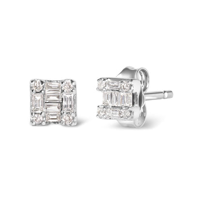 Front and angled side view of white metal square stud earrings featuring baguette and round white gemstones in channel and prong settings.