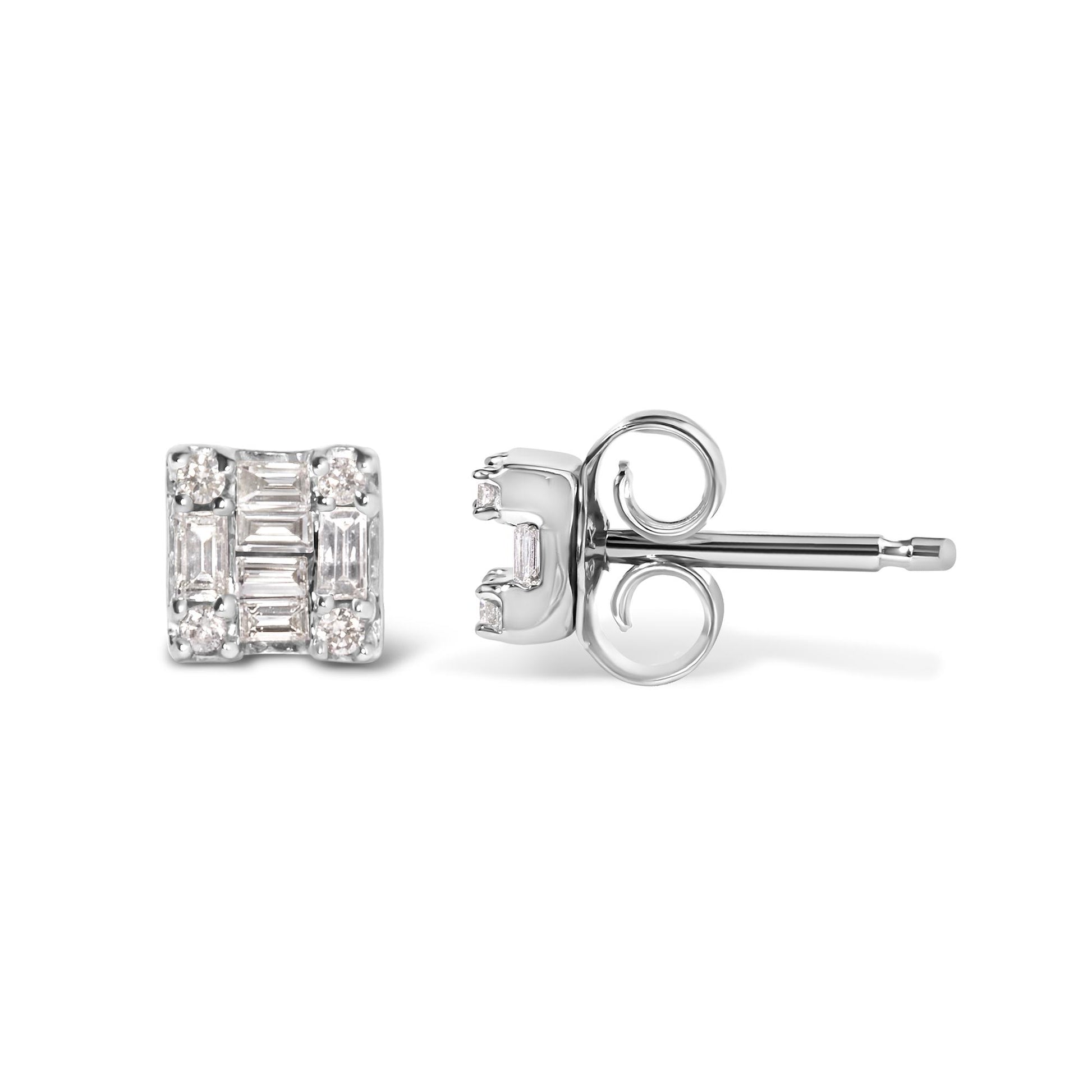 Pair of white metal square stud earrings with baguette and round white gemstones, shown from front and side angles.