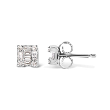 Pair of white metal square stud earrings with baguette and round white gemstones, shown from front and side angles.