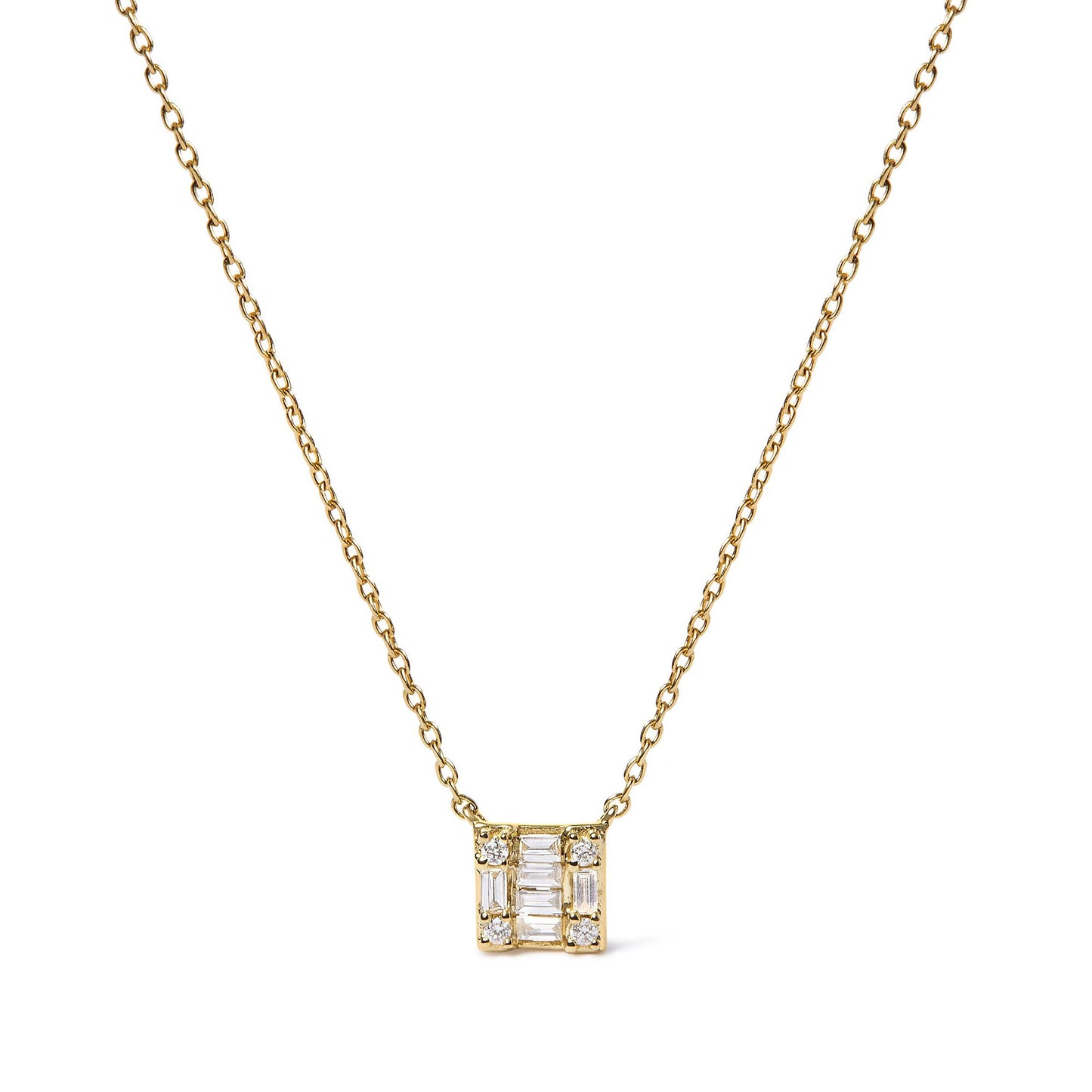 Front view of yellow metal necklace with square pendant featuring white round prong-set gemstones and baguette channel-set gemstones.