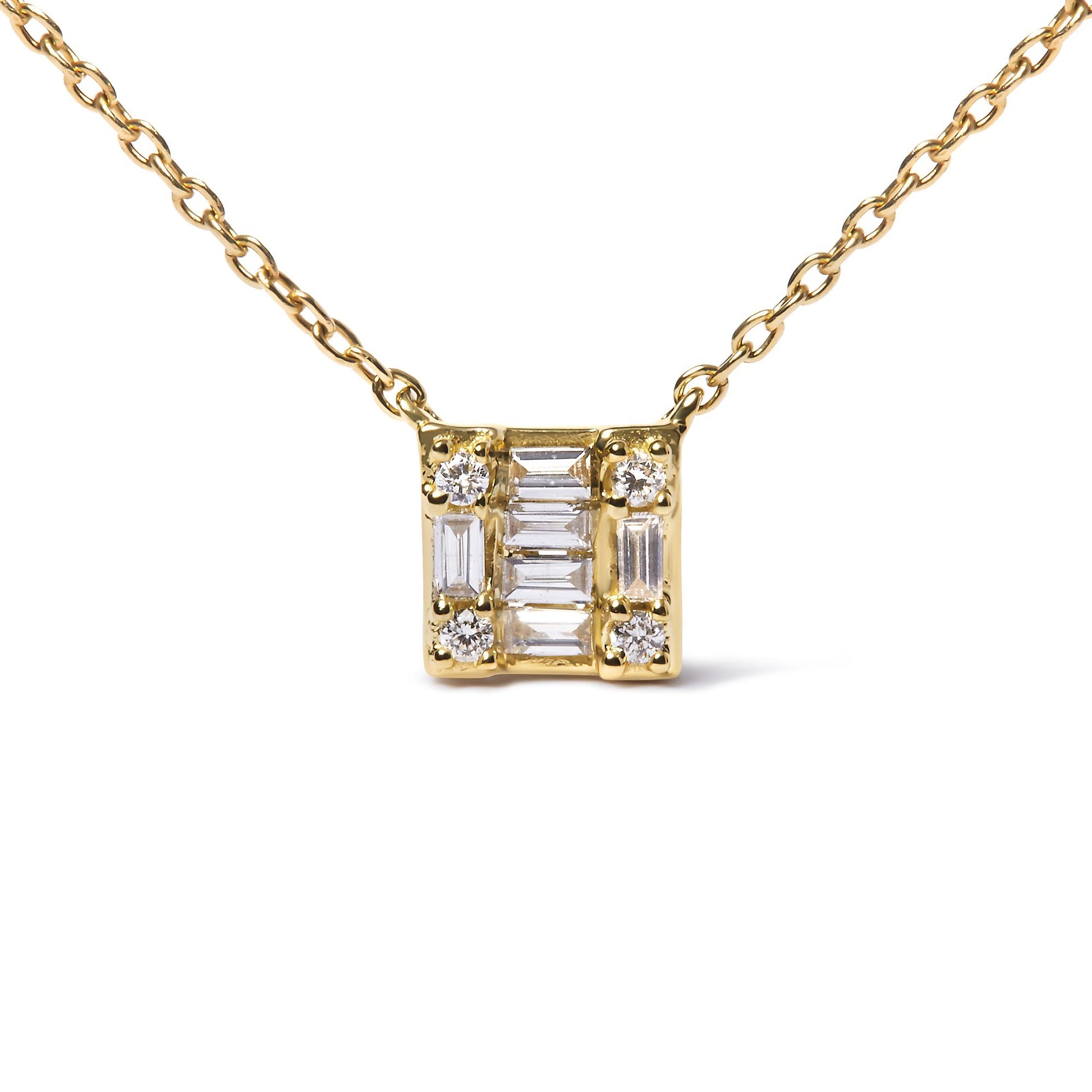 Front-facing shot of a yellow metal necklace with a square pendant featuring a symmetrical arrangement of white gemstones including baguette-shaped stones in channel settings and round stones in prong settings.