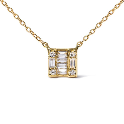 Front-facing shot of a yellow metal necklace with a square pendant featuring a symmetrical arrangement of white gemstones including baguette-shaped stones in channel settings and round stones in prong settings.