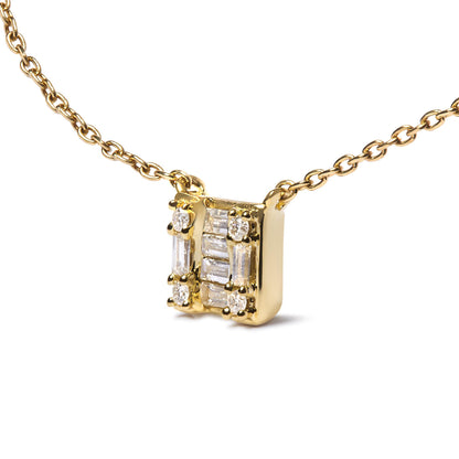 Yellow metal necklace shown in close-up front angled view with rectangular pendant featuring multiple white gemstones in baguette and round shapes with channel and prong settings.