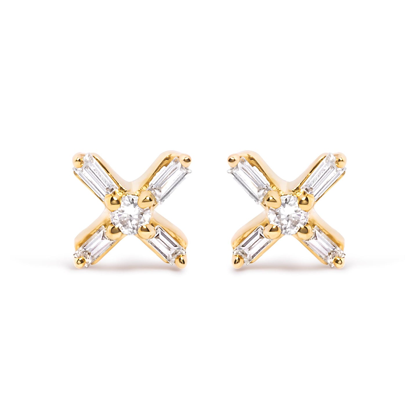 Front angle view of yellow metal earrings with a central round white gemstone and four surrounding baguette-shaped white gemstones in prong settings.