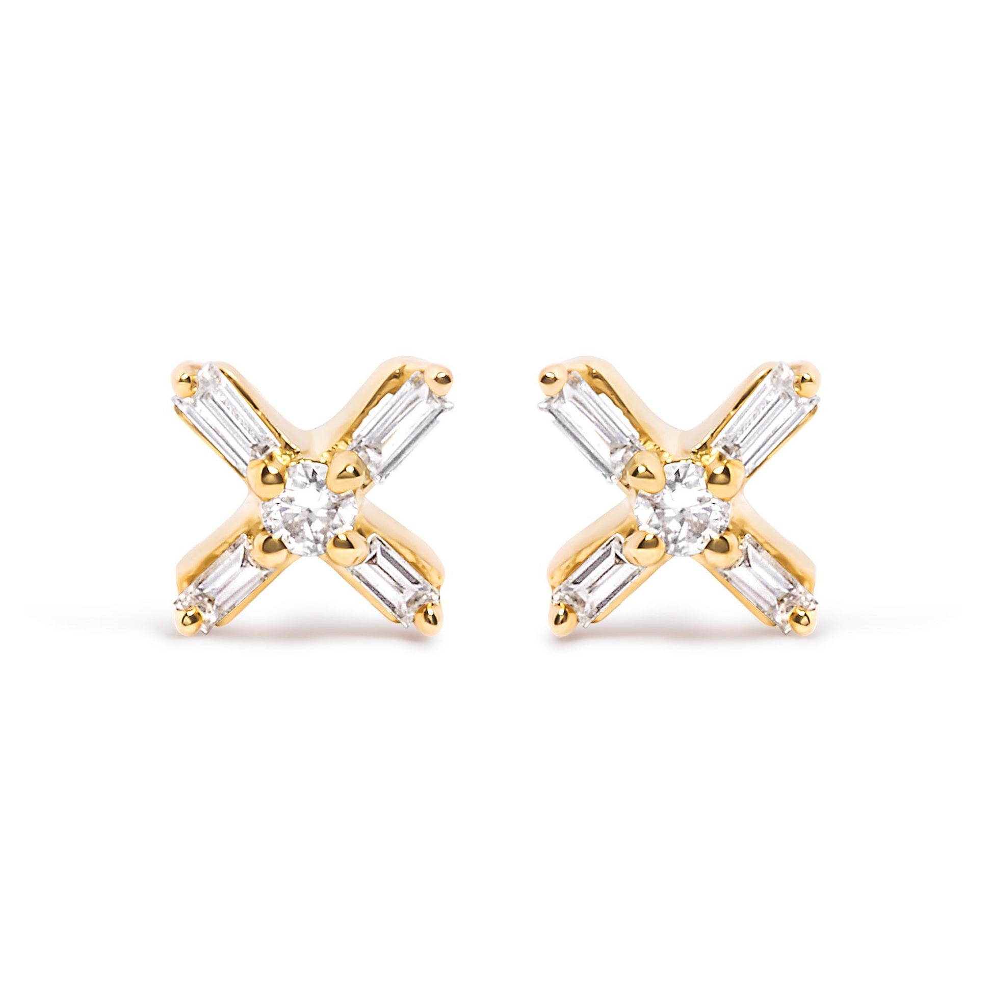 Front angle view of yellow metal earrings with a central round white gemstone and four surrounding baguette-shaped white gemstones in prong settings.
