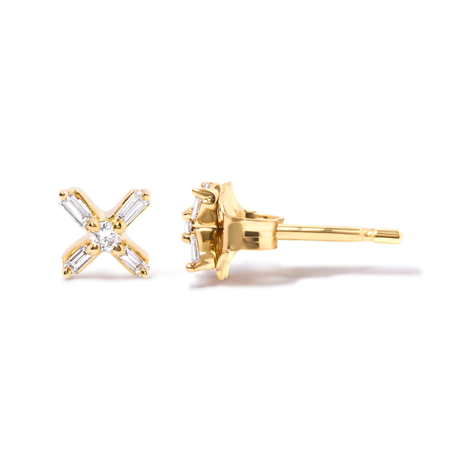 Pair of yellow metal stud earrings with an X-shaped design featuring prong-set white round and baguette gemstones, shown from front and side angles on a white background.