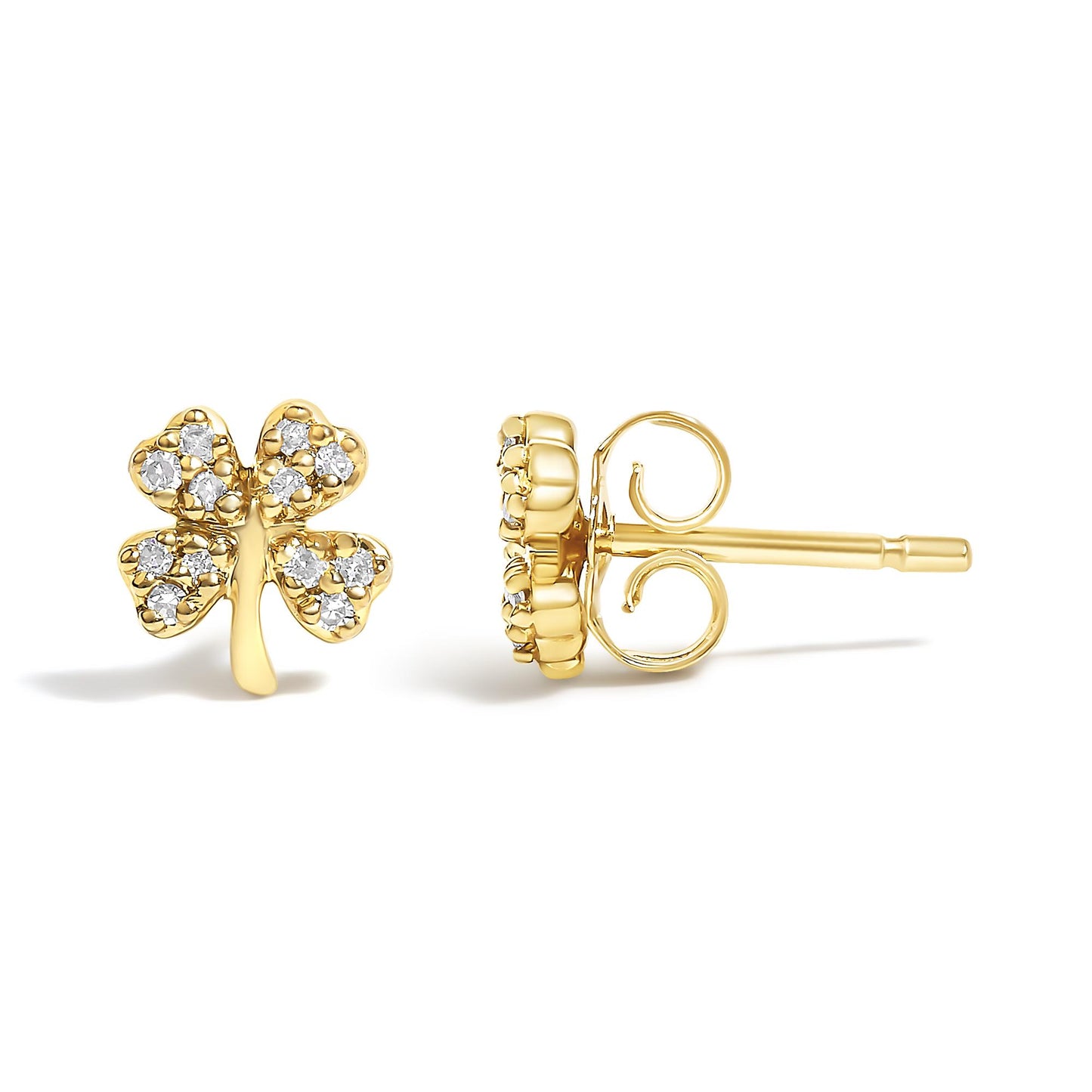 Front and side view of yellow metal stud earrings shaped like a four-leaf clover, each leaf adorned with multiple round white gemstones in prong settings.