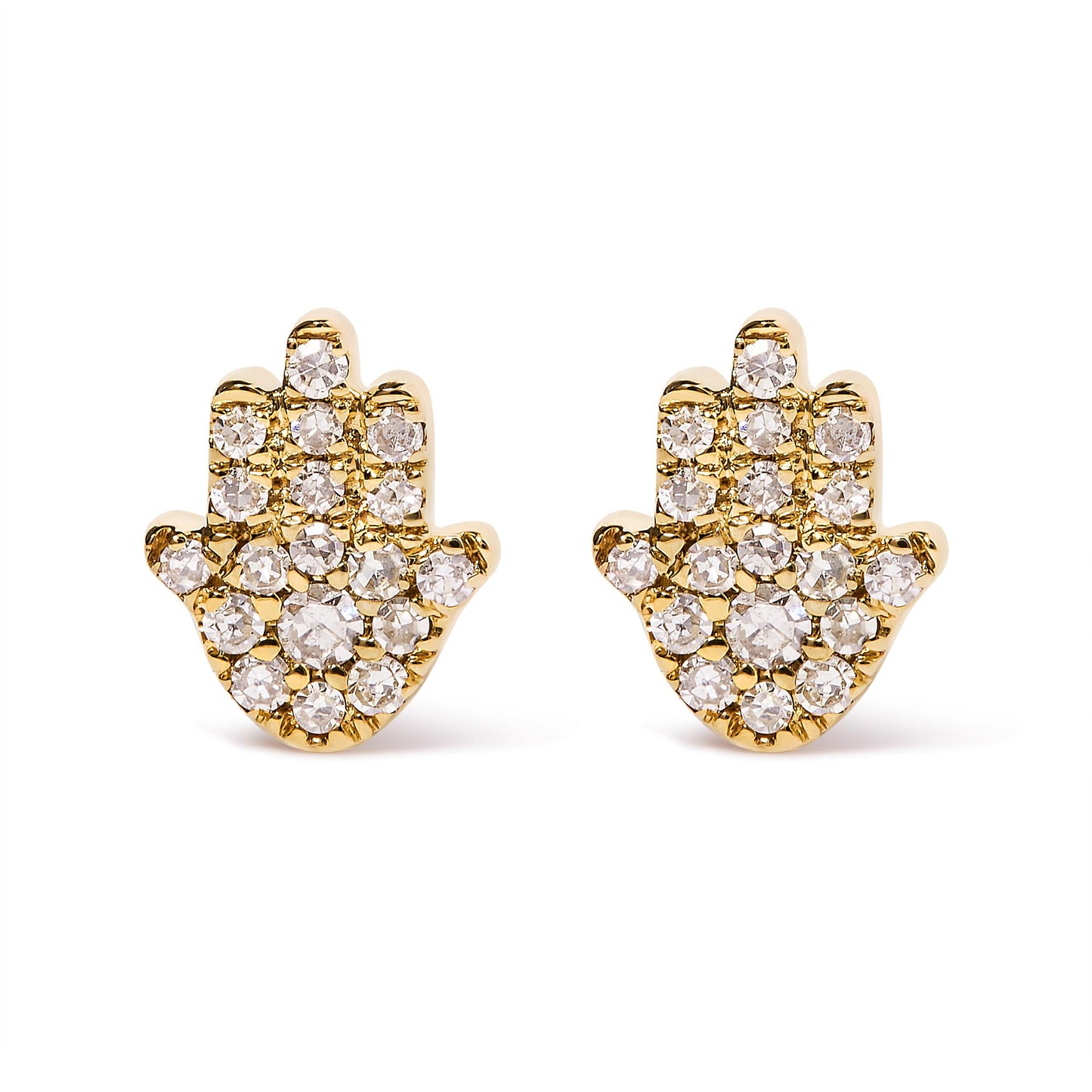 Front view of pair of yellow metal hand-shaped earrings with round white gemstones in pave setting.