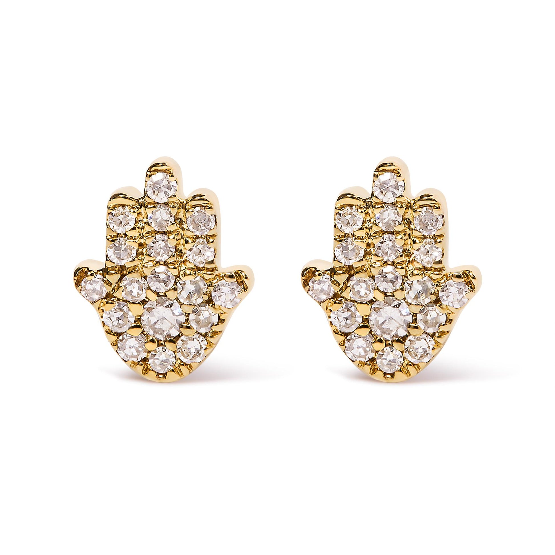 Front view of pair of yellow metal hand-shaped earrings with round white gemstones in pave setting.