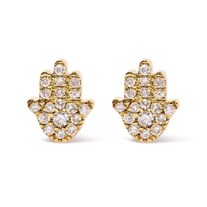 Front view of pair of yellow metal hand-shaped earrings with round white gemstones in pave setting.