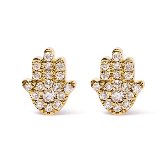 Front view of pair of yellow metal hand-shaped earrings with round white gemstones in pave setting.