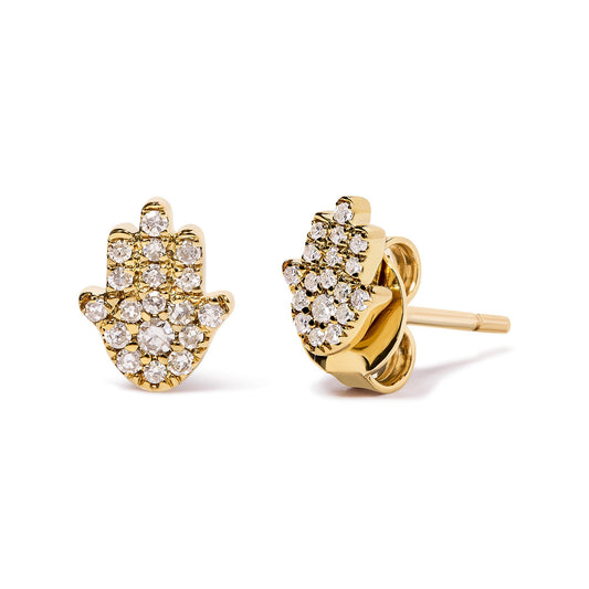 Pair of yellow metal stud earrings shaped like stylized hands, each with multiple white gemstones in pave settings, shown from front and side angles on a white background.