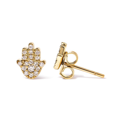Yellow metal stud earrings shaped like a hand, front and side views, set with several round white gemstones in pave setting, shown on a white background.