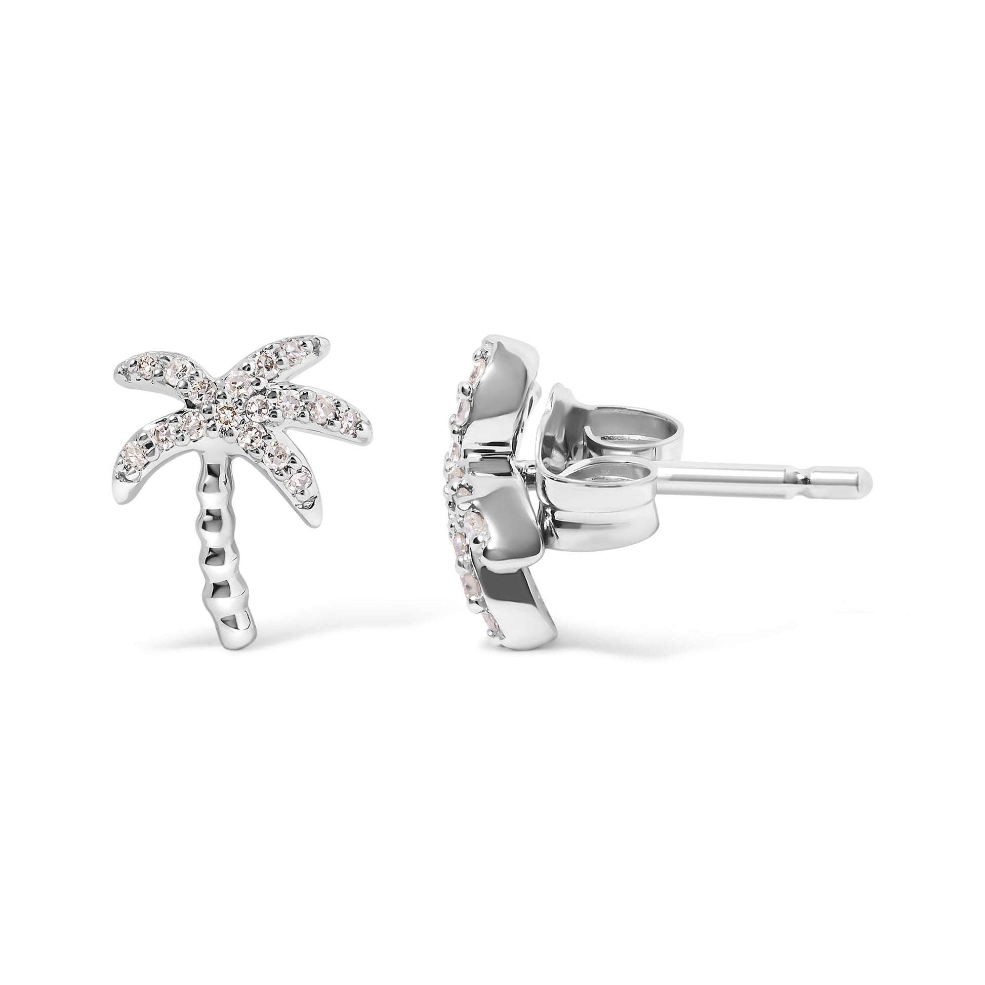 Front and side view of white metal palm tree-shaped stud earrings with round white gemstones in pave setting.