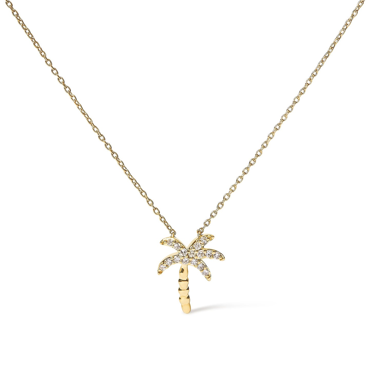 Front view of a yellow metal necklace with a palm tree-shaped pendant adorned with white round pave-set gemstones.