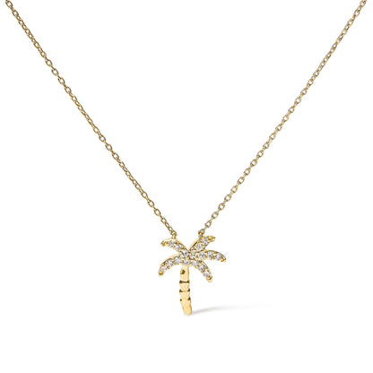 Front view of a yellow metal necklace with a palm tree-shaped pendant adorned with white round pave-set gemstones.