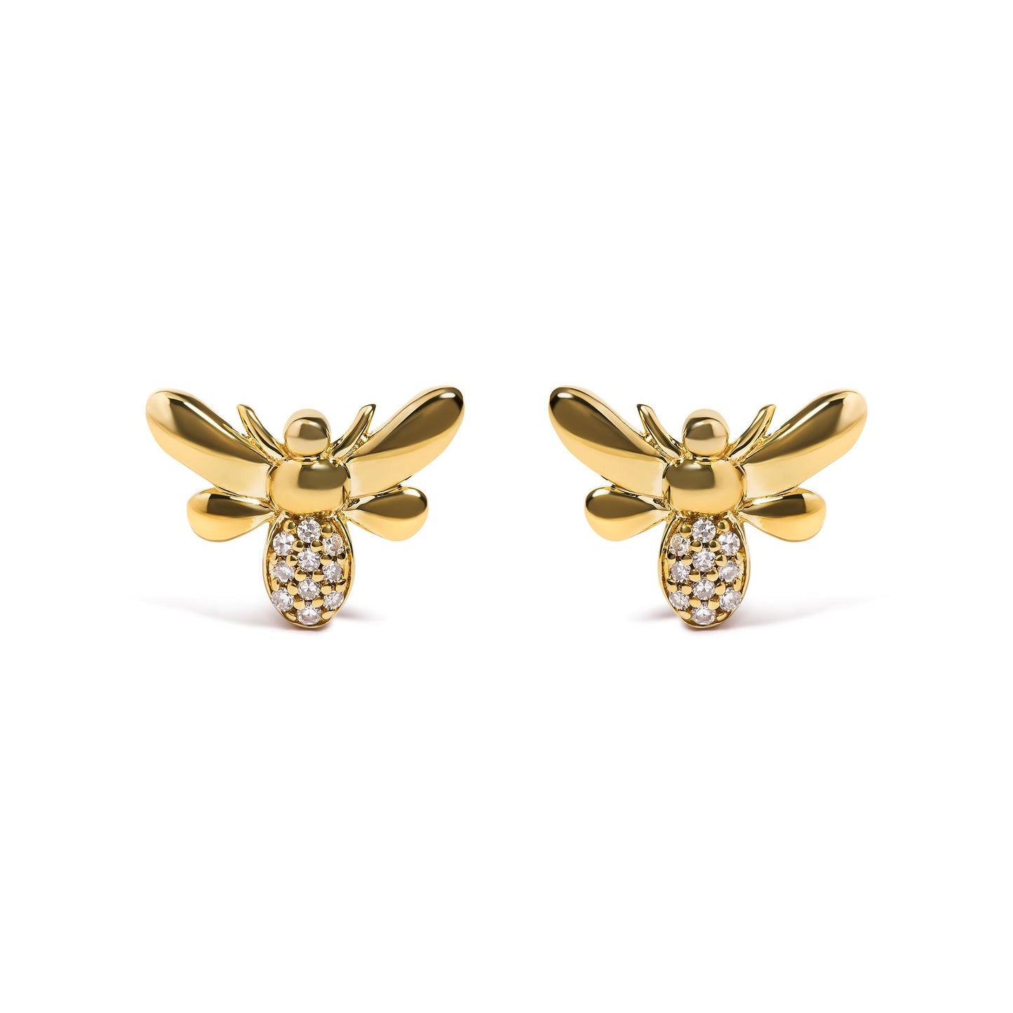 Front angle view of yellow metal bee-shaped earrings with round white gemstones in pave setting on the body.