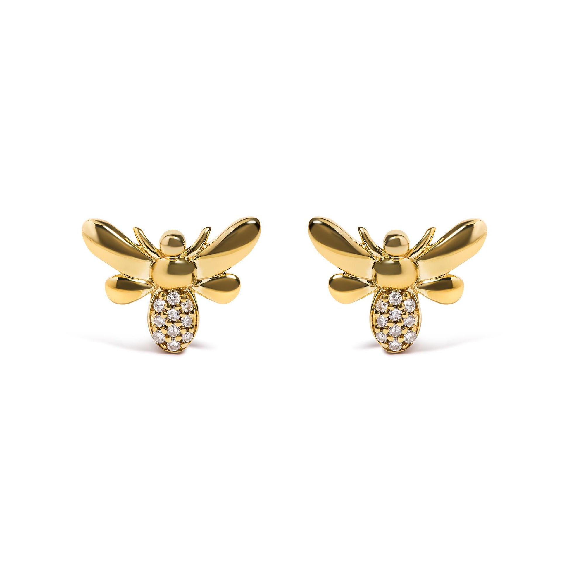 Front angle view of yellow metal bee-shaped earrings with round white gemstones in pave setting on the body.