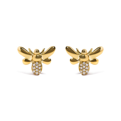 Front angle view of yellow metal bee-shaped earrings with round white gemstones in pave setting on the body.