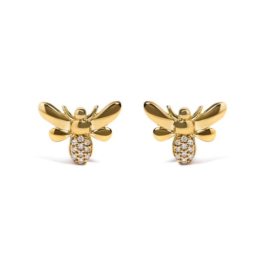 Front angle view of yellow metal bee-shaped earrings with round white gemstones in pave setting on the body.