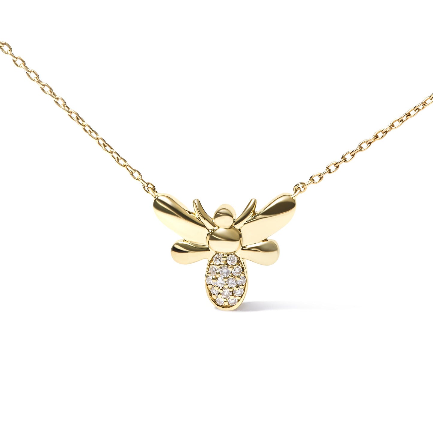 Front view of a yellow necklace with a bee-shaped pendant featuring white round pave-set gemstones on the lower body.