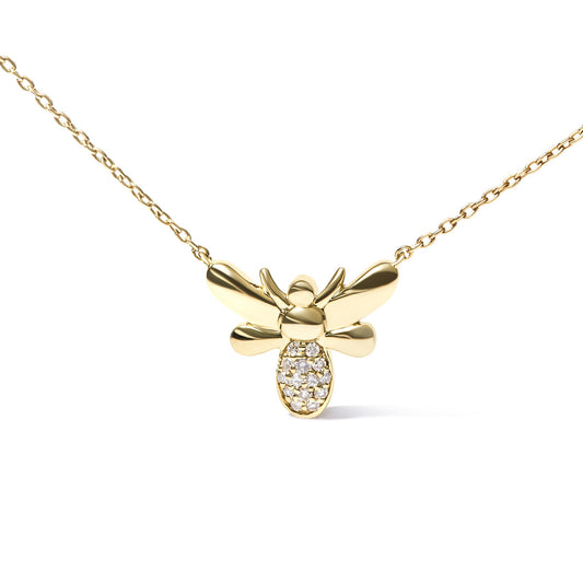 Front view of a yellow necklace with a bee-shaped pendant featuring white round pave-set gemstones on the lower body.