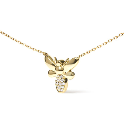 Front view of a yellow metal necklace with a bee-shaped pendant featuring small white gemstones in pave settings on the lower part.