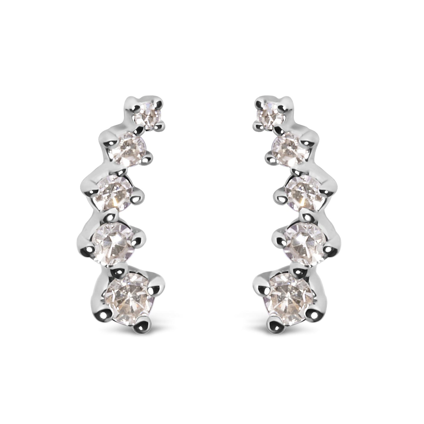 Front-facing shot of a pair of white metal earrings, each featuring a curved row of round white gemstones in prong settings.