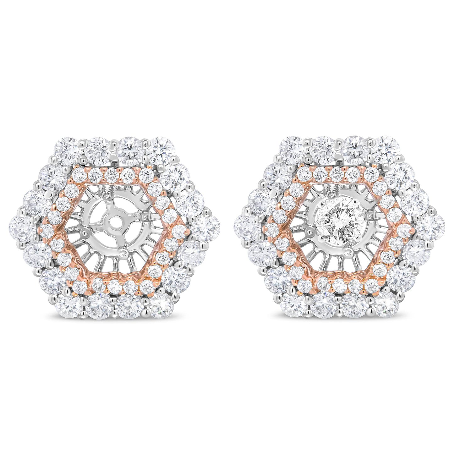 Pair of hexagonal-shaped earrings with white and rose metal featuring round white gemstones in prong settings, shown from a front angle.
