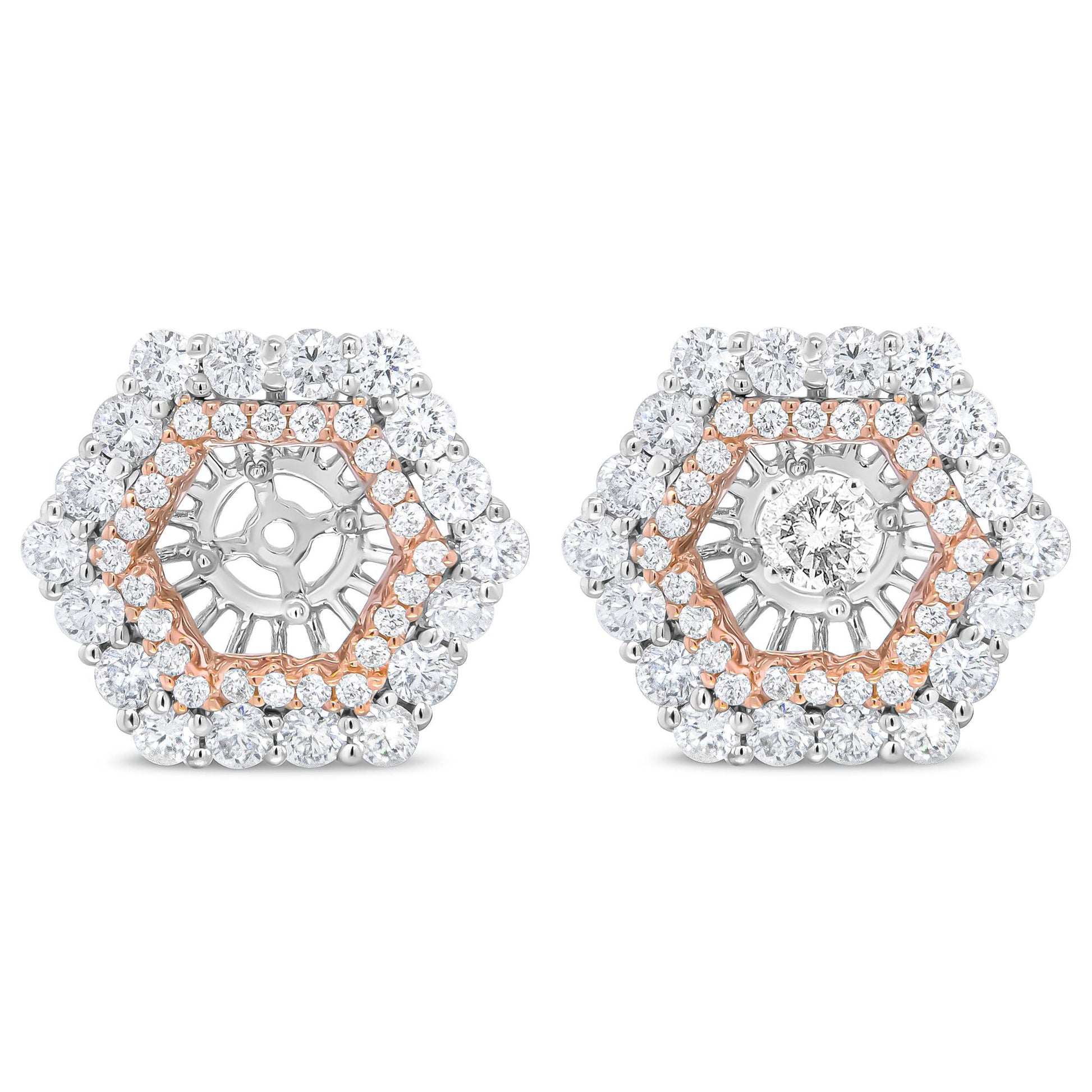 Pair of hexagonal-shaped earrings with white and rose metal featuring round white gemstones in prong settings, shown from a front angle.