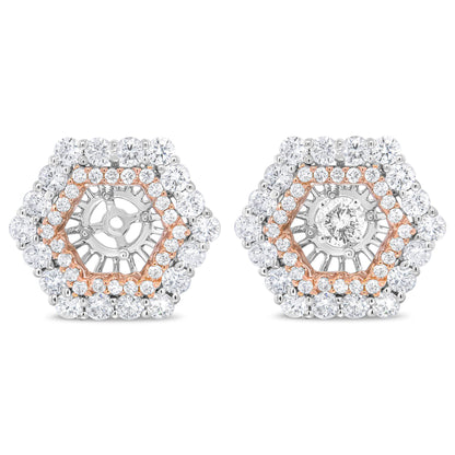 Pair of hexagonal-shaped earrings with white and rose metal featuring round white gemstones in prong settings, shown from a front angle.