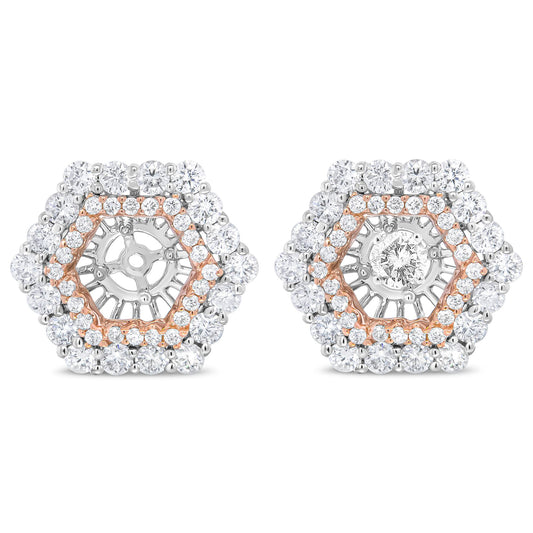 Pair of hexagonal-shaped earrings with white and rose metal featuring round white gemstones in prong settings, shown from a front angle.