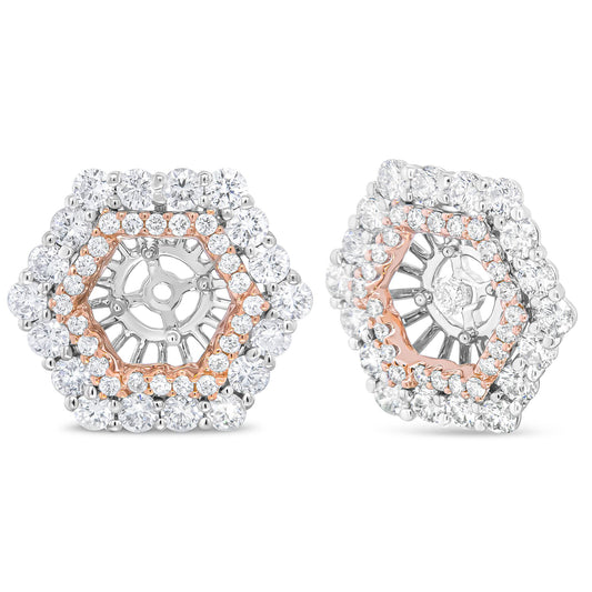 Pair of hexagonal-shaped earrings with white and rose metal, featuring two layers of round white gemstones in prong settings, shown from front and angled side views.