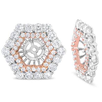 Close-up front and side view of hexagonal-shaped earrings featuring white and rose-colored metal with two rows of white round gemstones in prong settings.