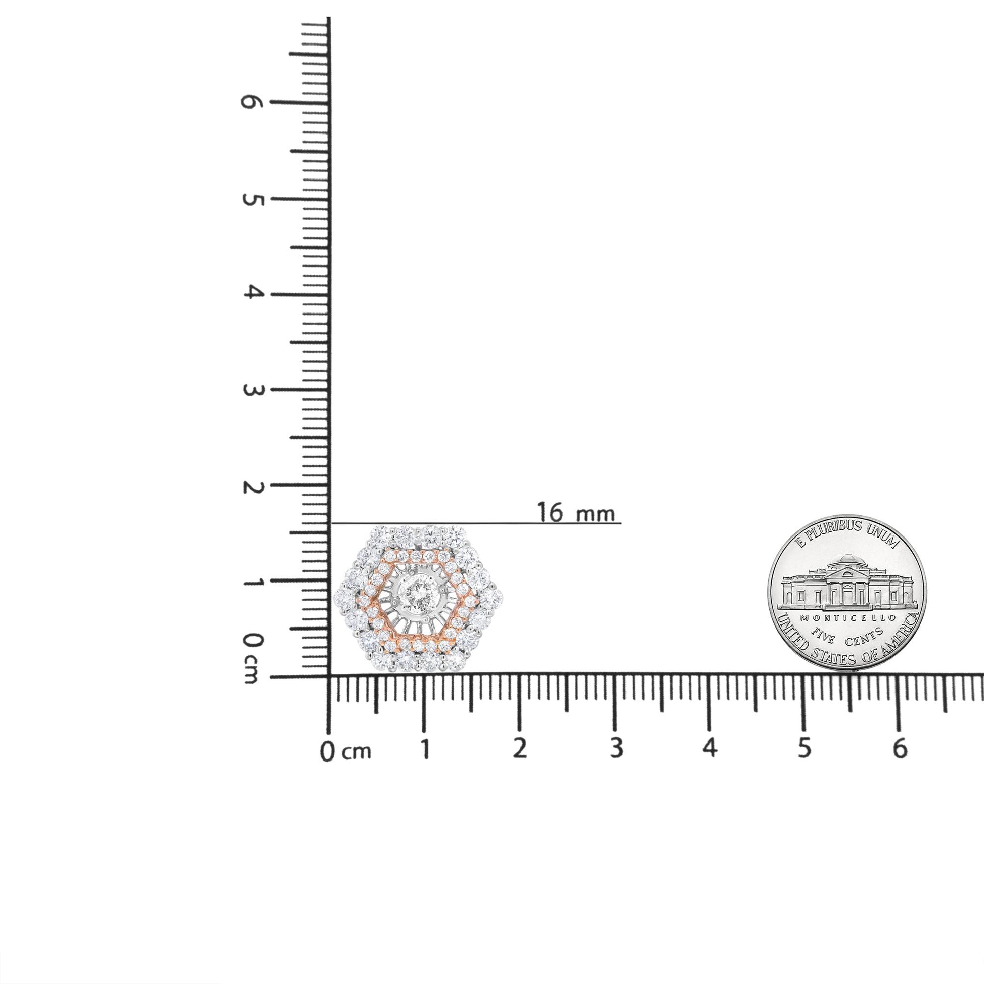 Top-down view of a hexagonal earring with alternating white and rose metal layers adorned with white round gemstones, placed on a ruler and next to a US nickel coin for size reference.
