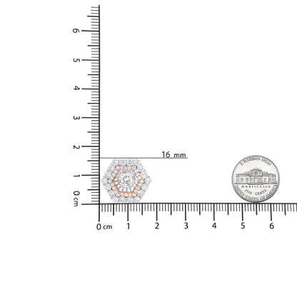 Top-down view of a hexagonal earring with alternating white and rose metal layers adorned with white round gemstones, placed on a ruler and next to a US nickel coin for size reference.